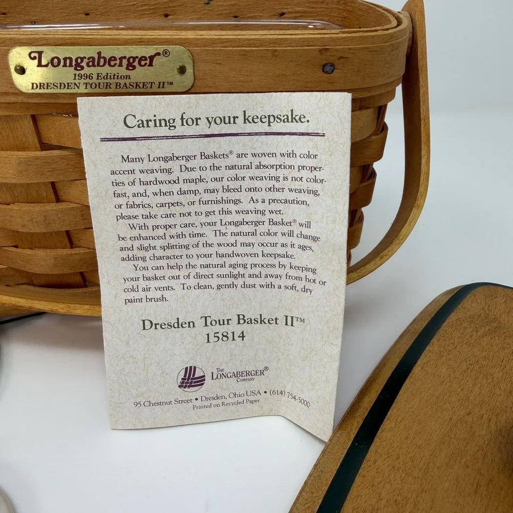 VTG Longaberger Dresden Tour Basket II 1996 w/ Lid, Liner & Tie-On Collectors